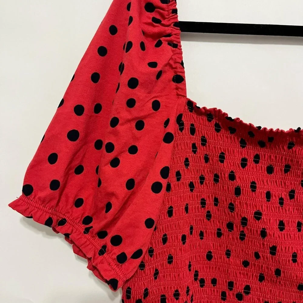 NEW ANTHROPOLOGIE DOLAN BLOUSE XL POLKA DOT SMOCK TOP RED BLACK PUFF SLEEVE NWOT - Picture 7 of 10